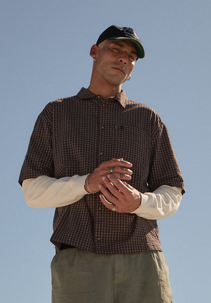 AFENDS Mens Reverb -  Seersucker Short Sleeve Shirt - Chocolate Check