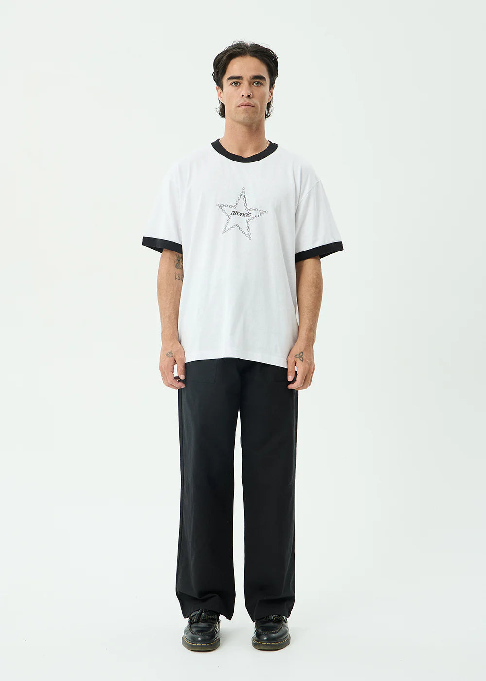AFENDS Mens Chains - Boxy Ringer Tee - White