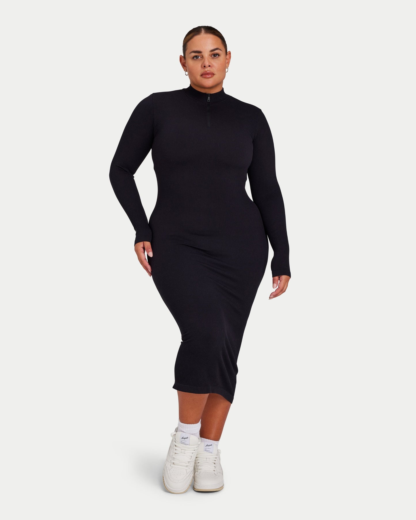Womens Ribbed Base Long Sleeve Midi Dress