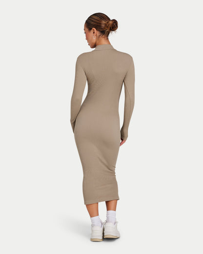 Womens Ribbed Base Long Sleeve Midi Dress