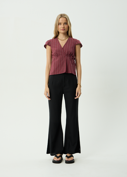 AFENDS Womens Ledger - Wrap Top - Burgundy Stripe
