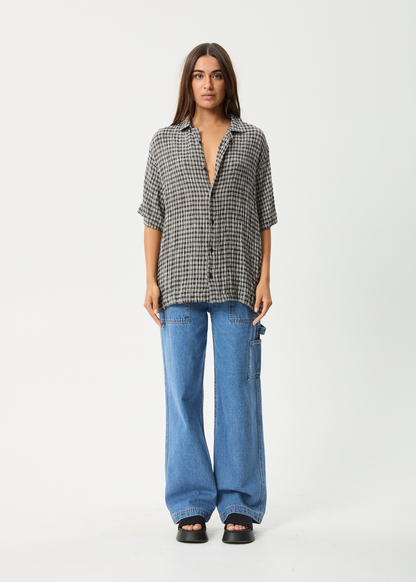 AFENDS Mens Asta - Seersucker Cuban Shirt - Steel Check