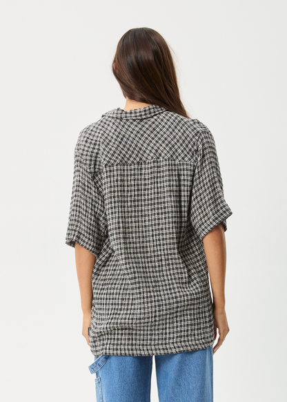 AFENDS Mens Asta - Seersucker Cuban Shirt - Steel Check