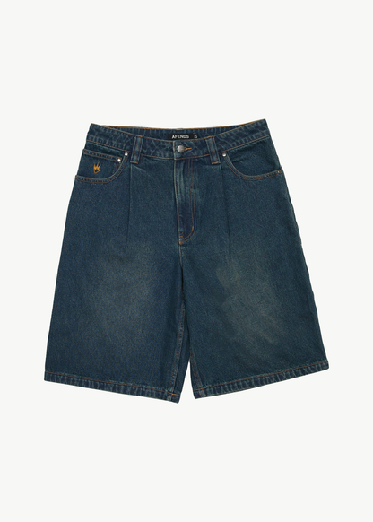 AFENDS Mens Fast Forward - Denim Ultra Baggy Pleated Short 24" - Vintage Wash