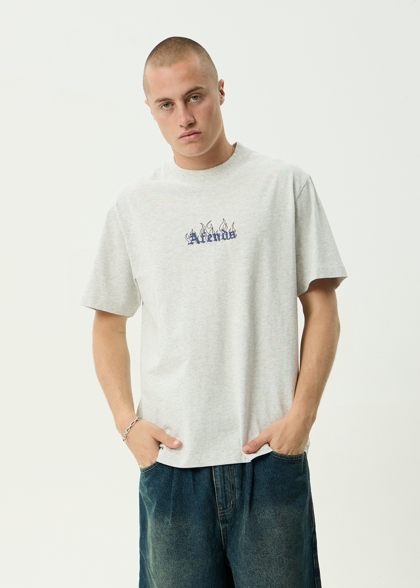 AFENDS Mens Temporal - Heavyweight Retro Tee - Grey Marle