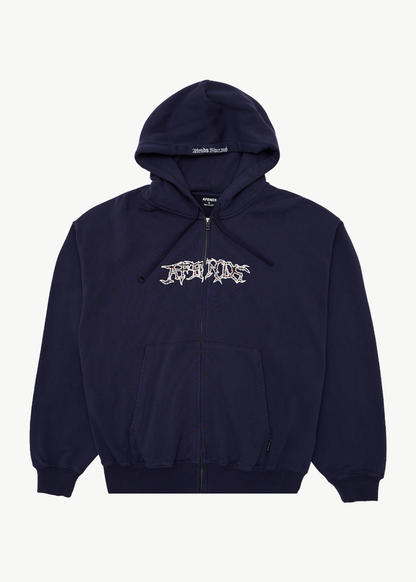 AFENDS Mens Kharma -  Boxy Zip Hood - Washed Deep Sea