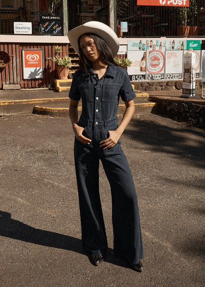 AFENDS Womens Miami - Denim Flared Jumpsuit - Ink